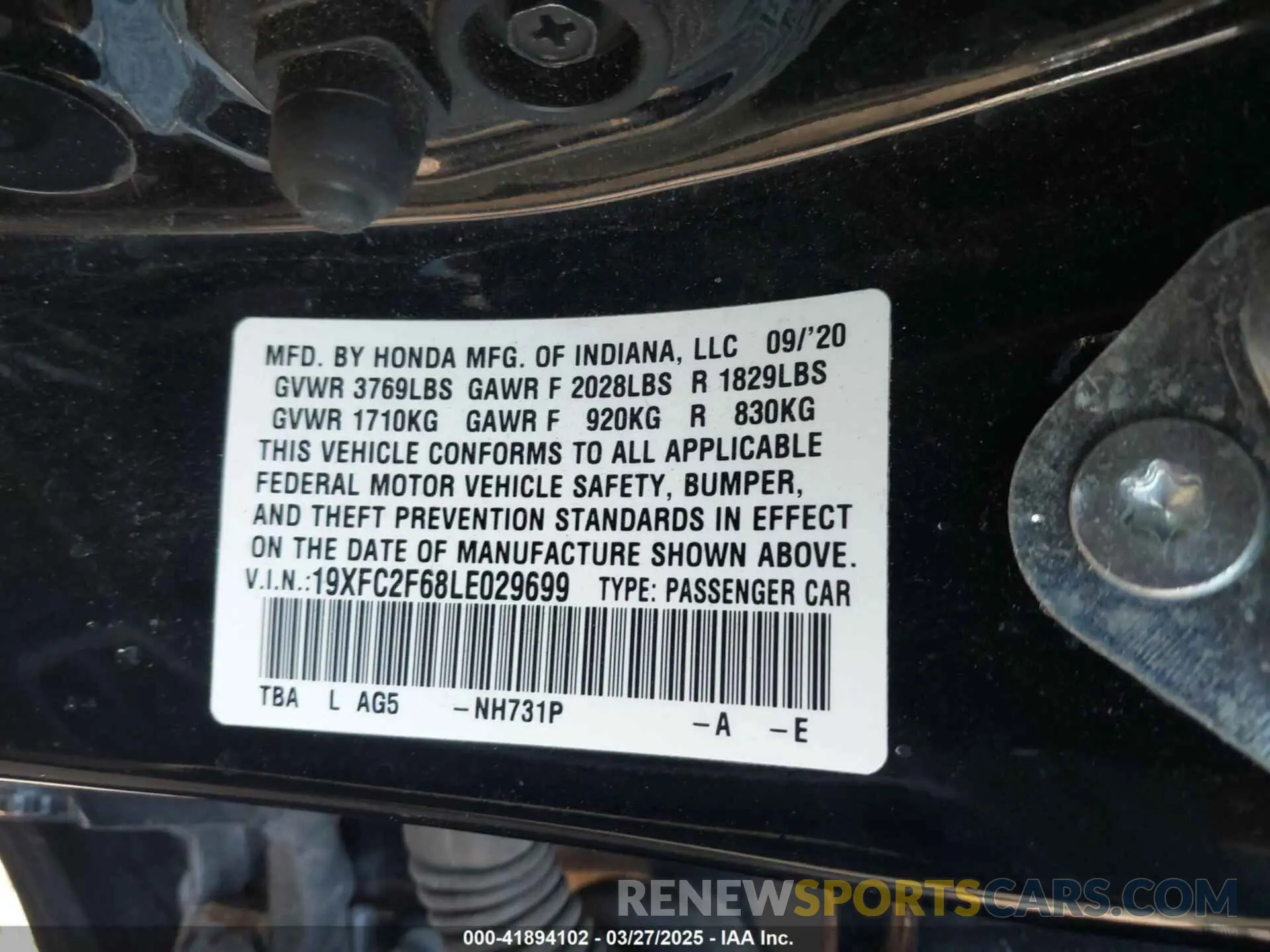 9 fotografías del automóvil dañado 19XFC2F68LE029699 HONDA CIVIC 2020