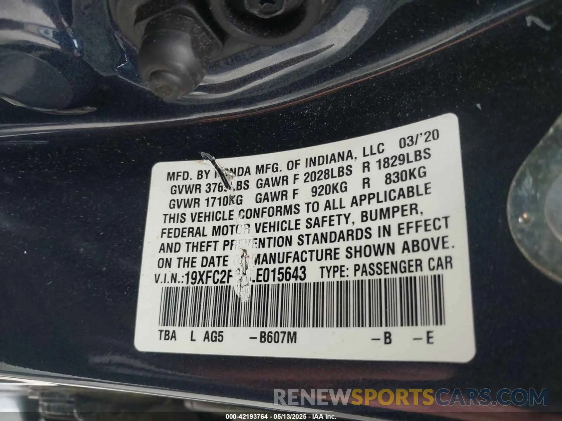 9 fotografías del automóvil dañado 19XFC2F6XLE015643 HONDA CIVIC 2020