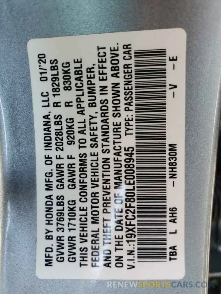 12 fotografías del automóvil dañado 19XFC2F80LE008945 HONDA CIVIC 2020