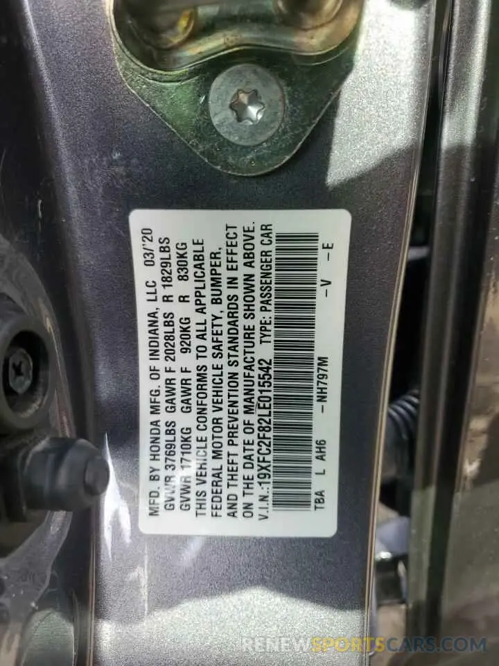 13 fotografías del automóvil dañado 19XFC2F82LE015542 HONDA CIVIC 2020