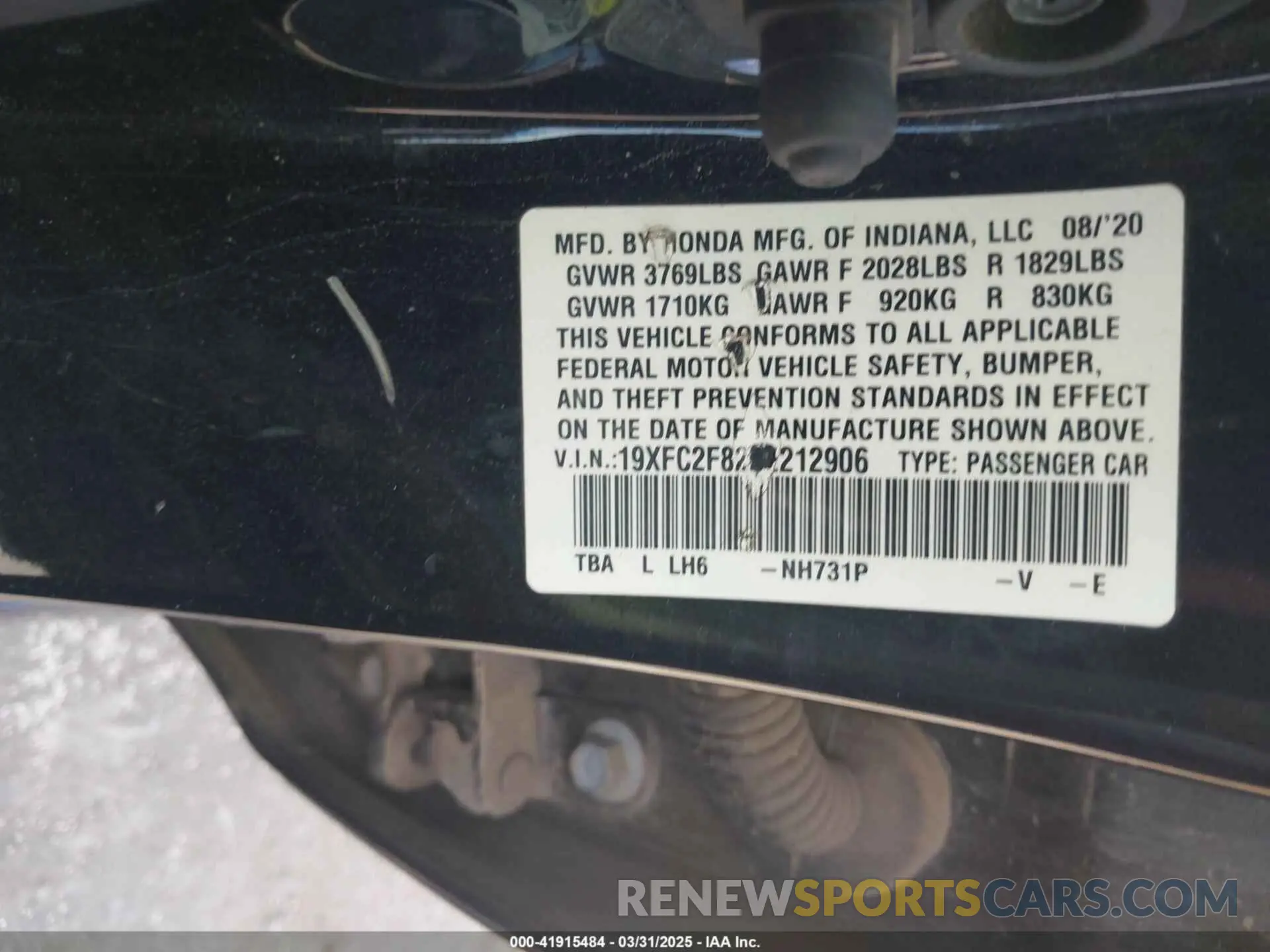 9 fotografías del automóvil dañado 19XFC2F82LE212906 HONDA CIVIC 2020