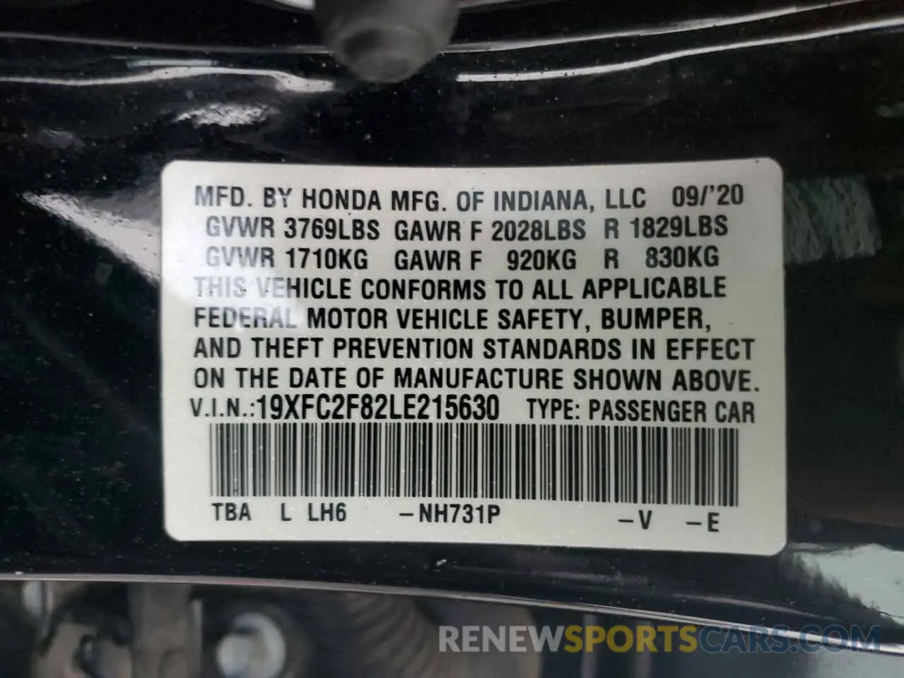 12 fotografías del automóvil dañado 19XFC2F82LE215630 HONDA CIVIC 2020