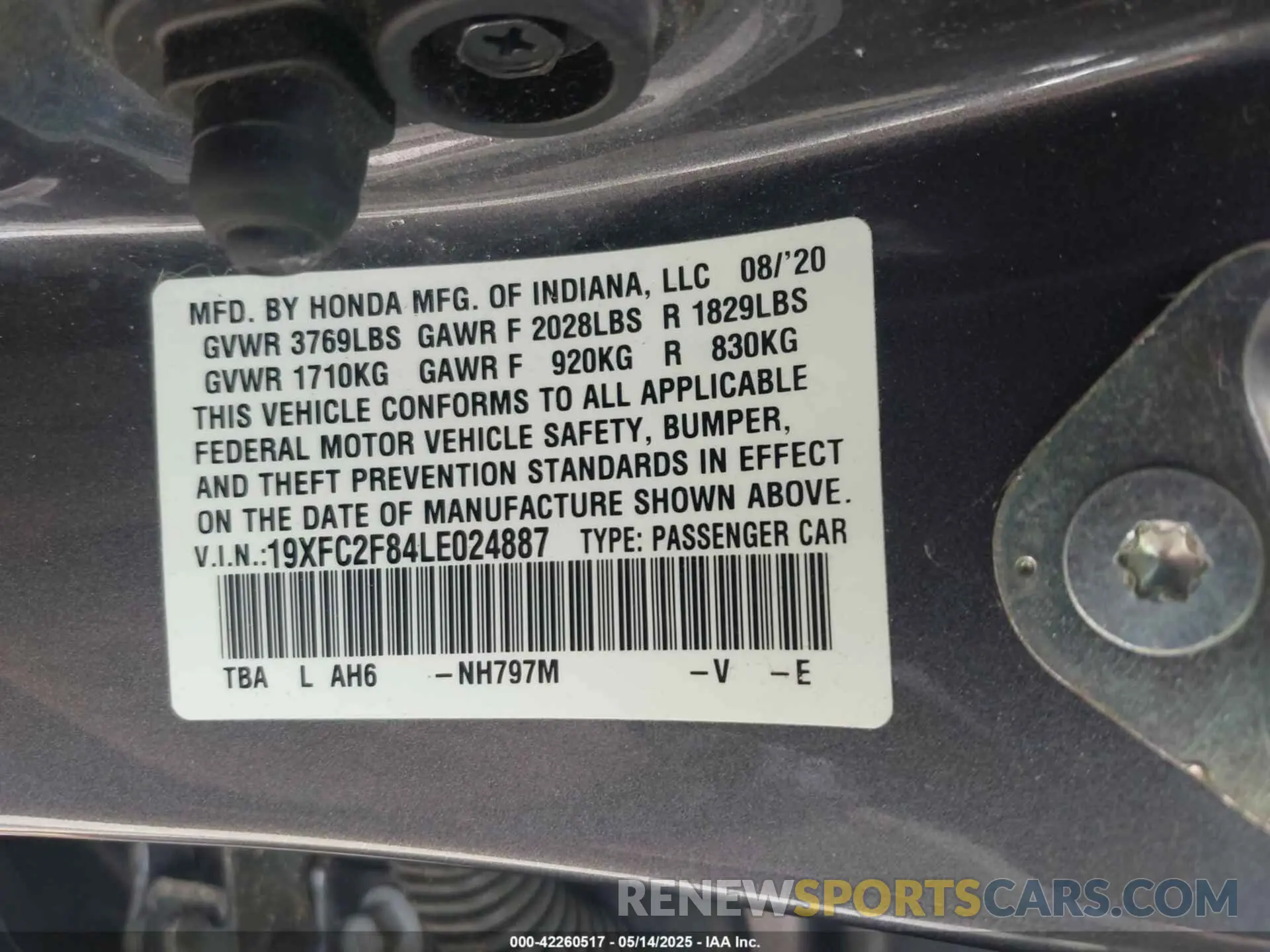 9 fotografías del automóvil dañado 19XFC2F84LE024887 HONDA CIVIC 2020