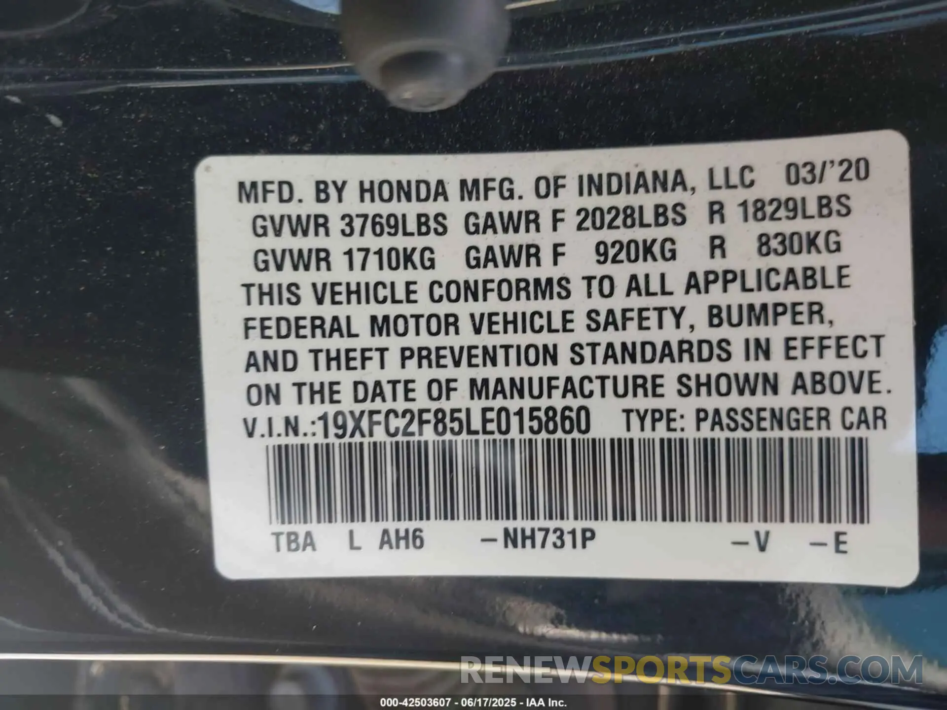 9 fotografías del automóvil dañado 19XFC2F85LE015860 HONDA CIVIC 2020