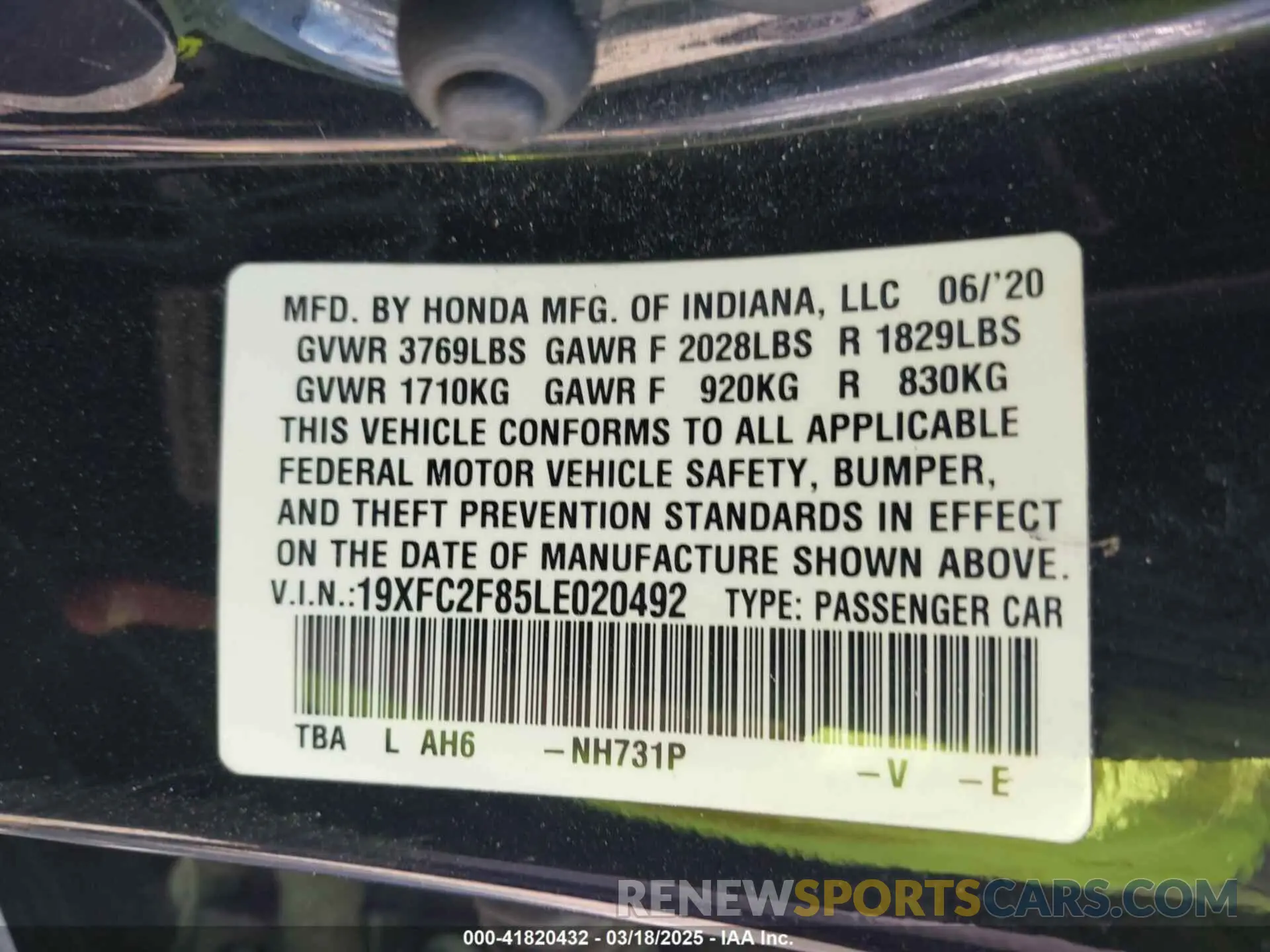 9 fotografías del automóvil dañado 19XFC2F85LE020492 HONDA CIVIC 2020