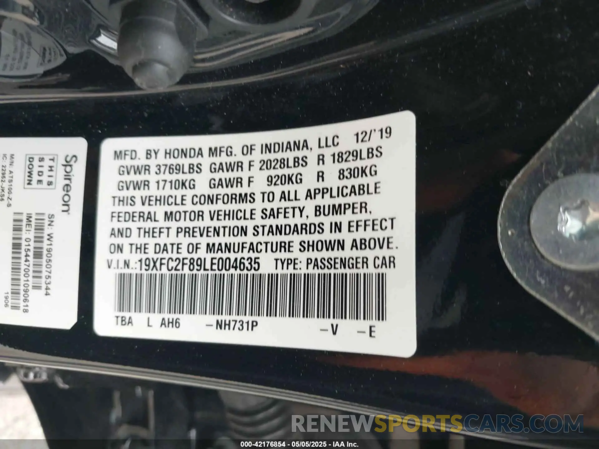 9 fotografías del automóvil dañado 19XFC2F89LE004635 HONDA CIVIC 2020