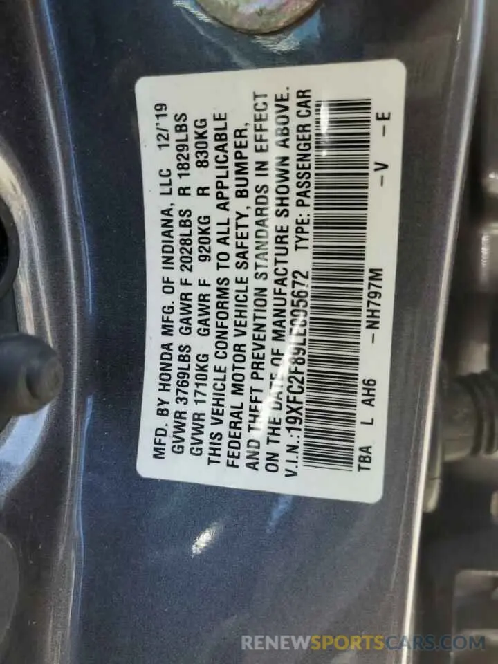12 fotografías del automóvil dañado 19XFC2F89LE005672 HONDA CIVIC 2020
