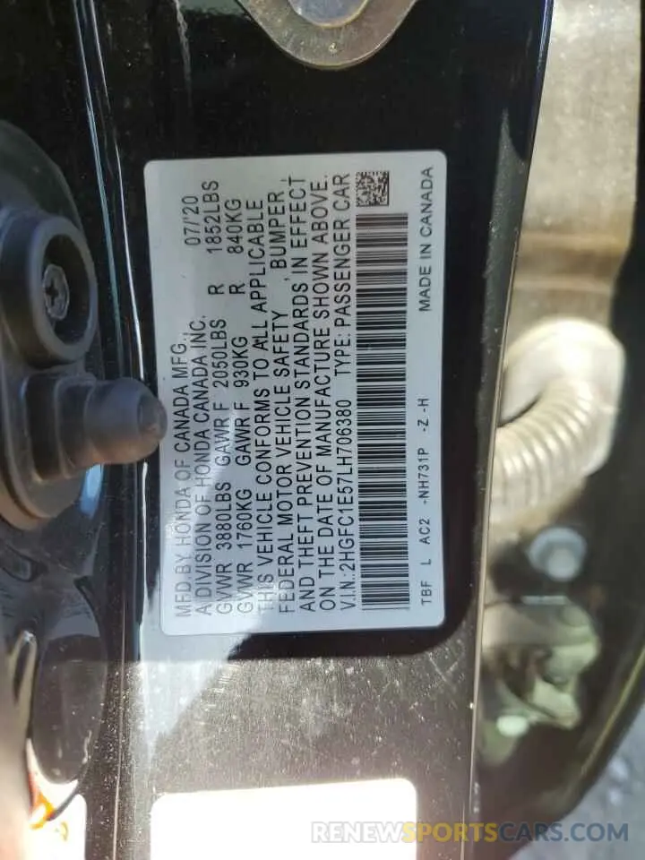 12 fotografías del automóvil dañado 2HGFC1E57LH706380 HONDA CIVIC 2020