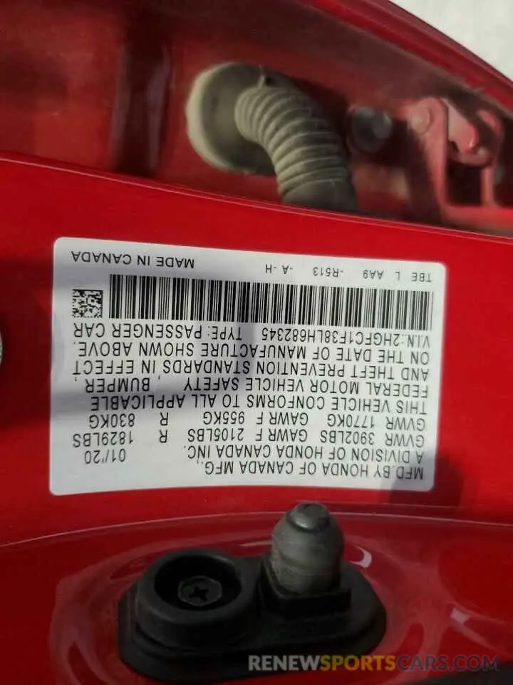 12 fotografías del automóvil dañado 2HGFC1F38LH682345 HONDA CIVIC 2020