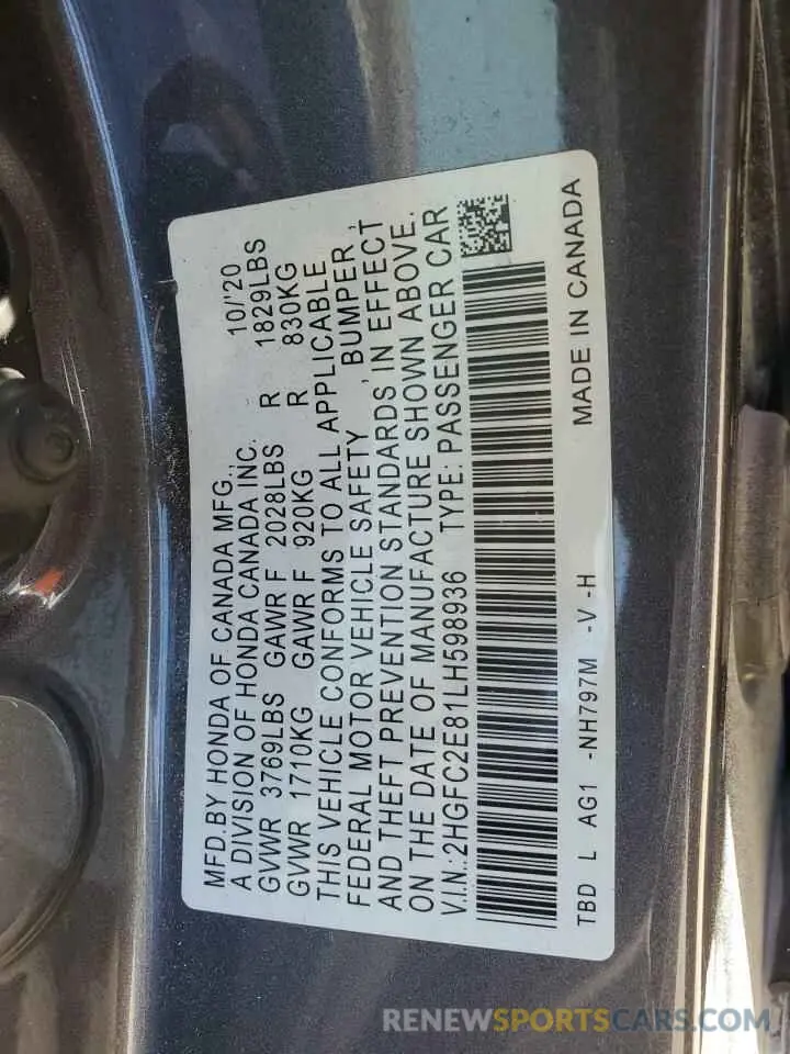 14 fotografías del automóvil dañado 2HGFC2E81LH598936 HONDA CIVIC 2020