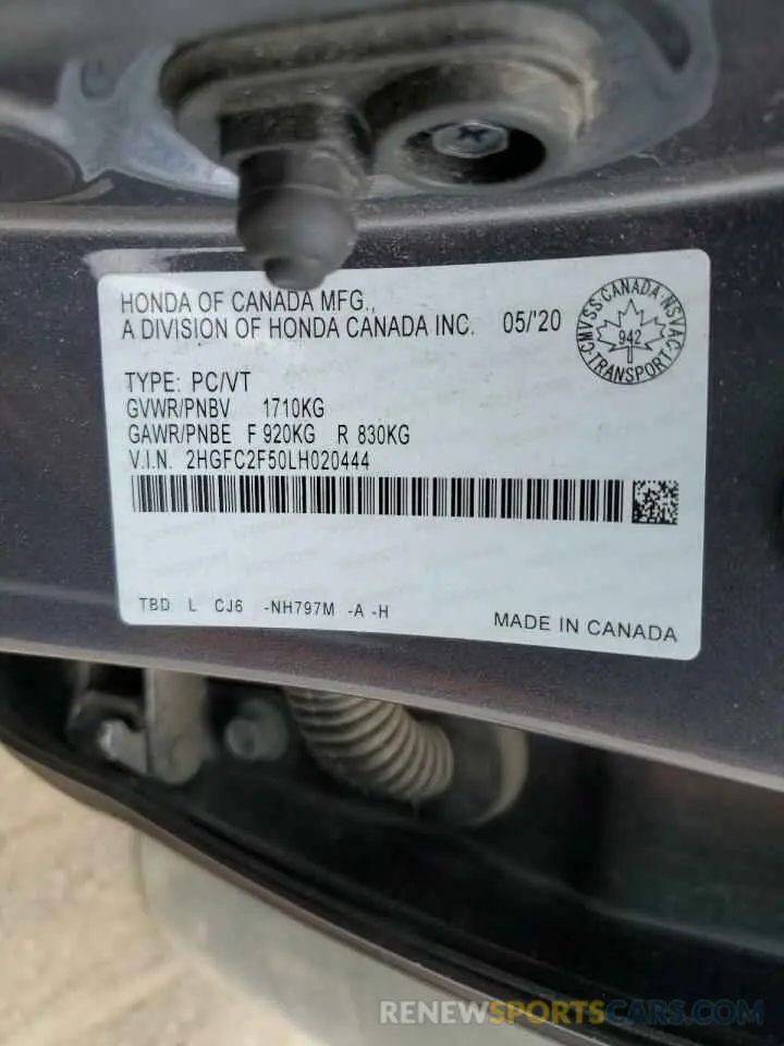 13 fotografías del automóvil dañado 2HGFC2F50LH020444 HONDA CIVIC 2020