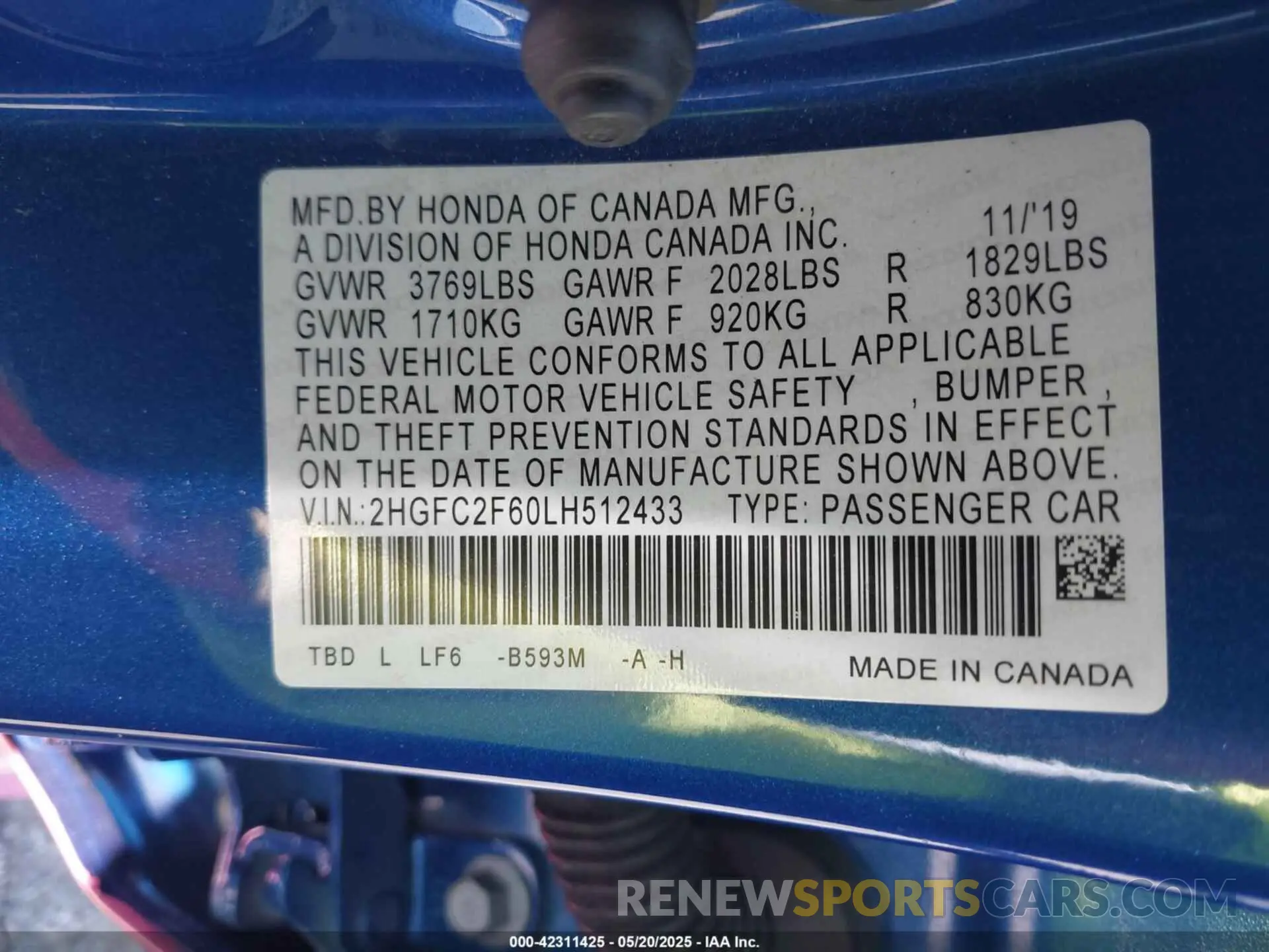 9 fotografías del automóvil dañado 2HGFC2F60LH512433 HONDA CIVIC 2020