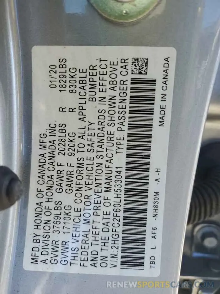 13 fotografías del automóvil dañado 2HGFC2F60LH533041 HONDA CIVIC 2020