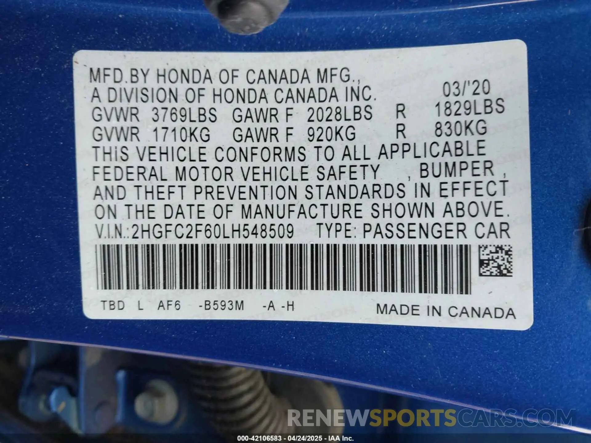 9 fotografías del automóvil dañado 2HGFC2F60LH548509 HONDA CIVIC 2020