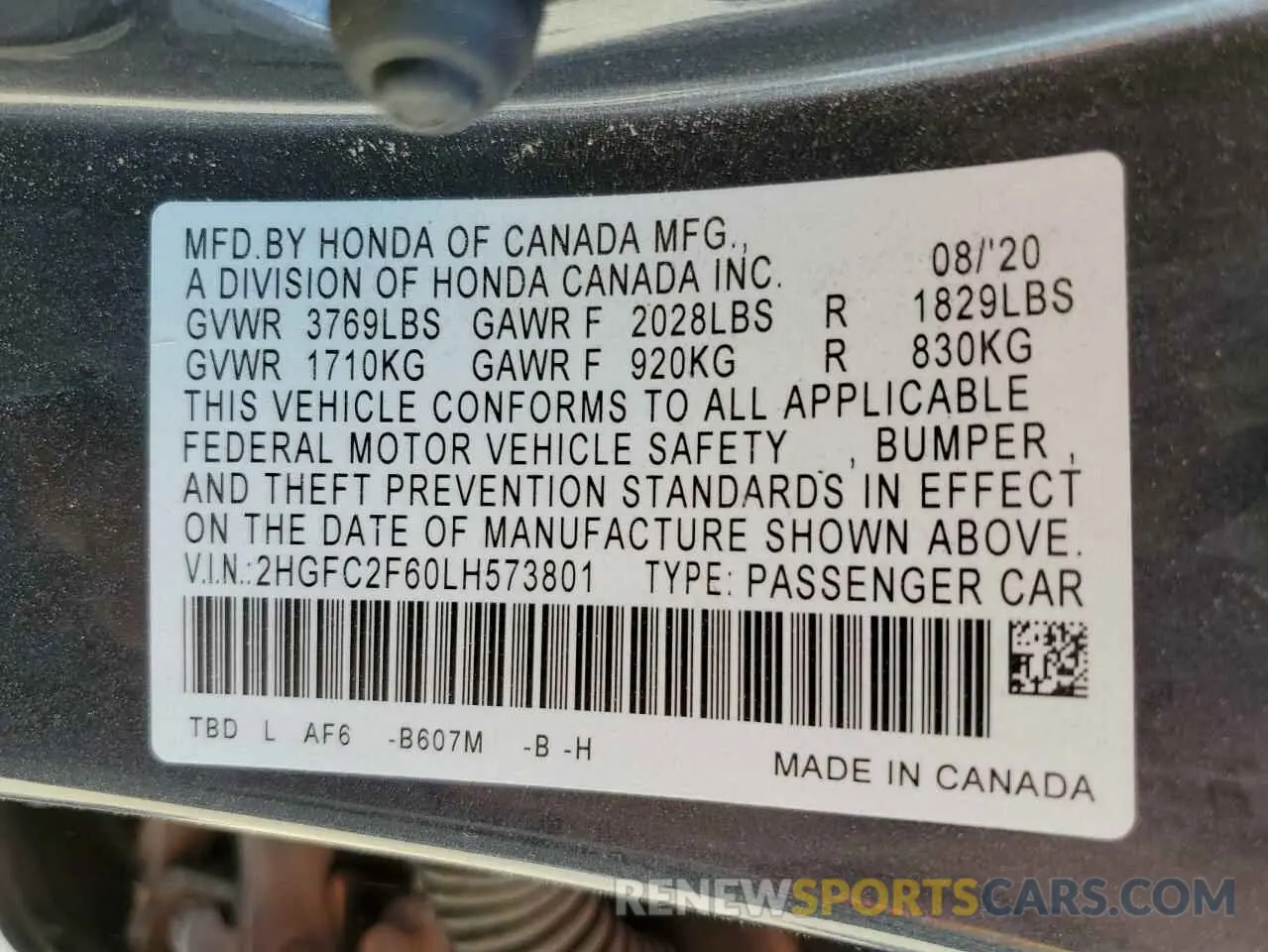 12 fotografías del automóvil dañado 2HGFC2F60LH573801 HONDA CIVIC 2020
