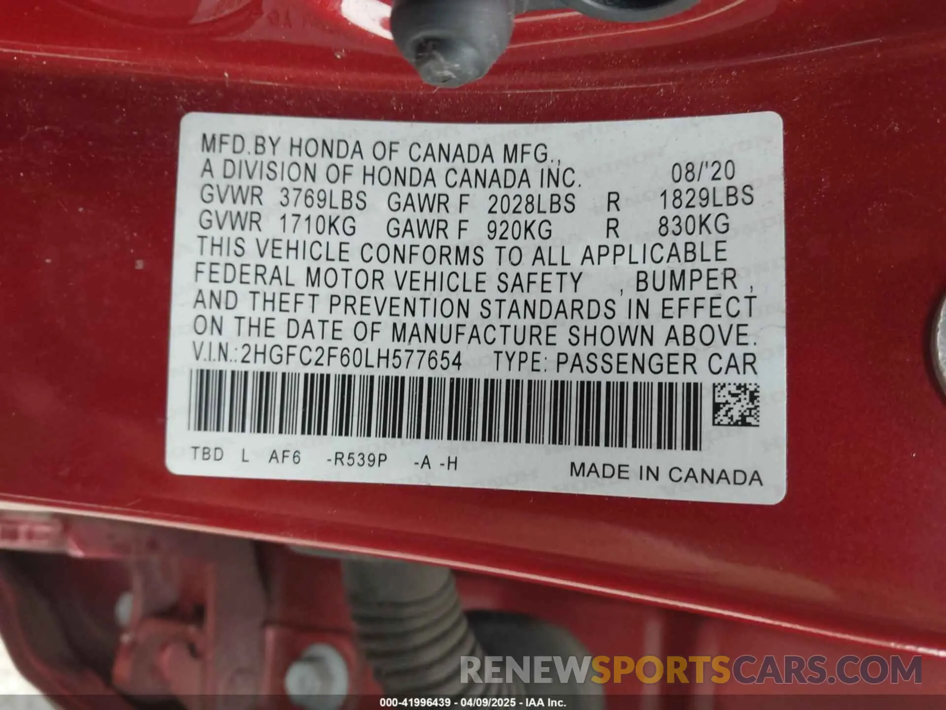 9 fotografías del automóvil dañado 2HGFC2F60LH577654 HONDA CIVIC 2020