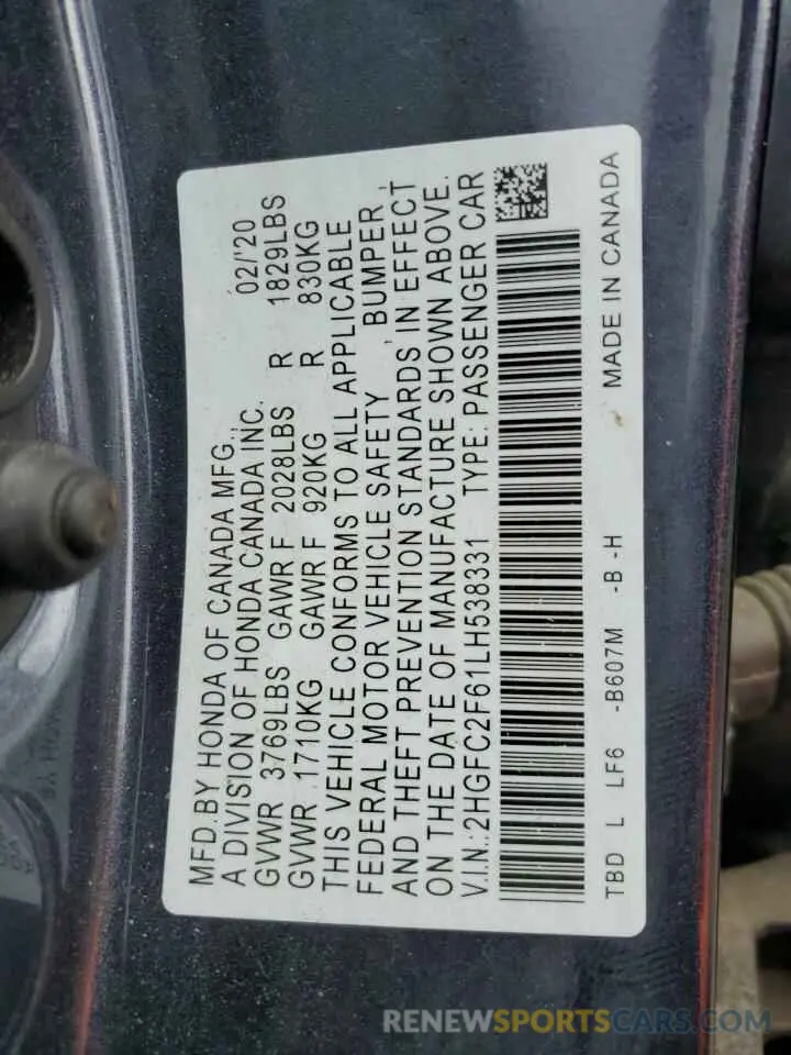 13 fotografías del automóvil dañado 2HGFC2F61LH538331 HONDA CIVIC 2020