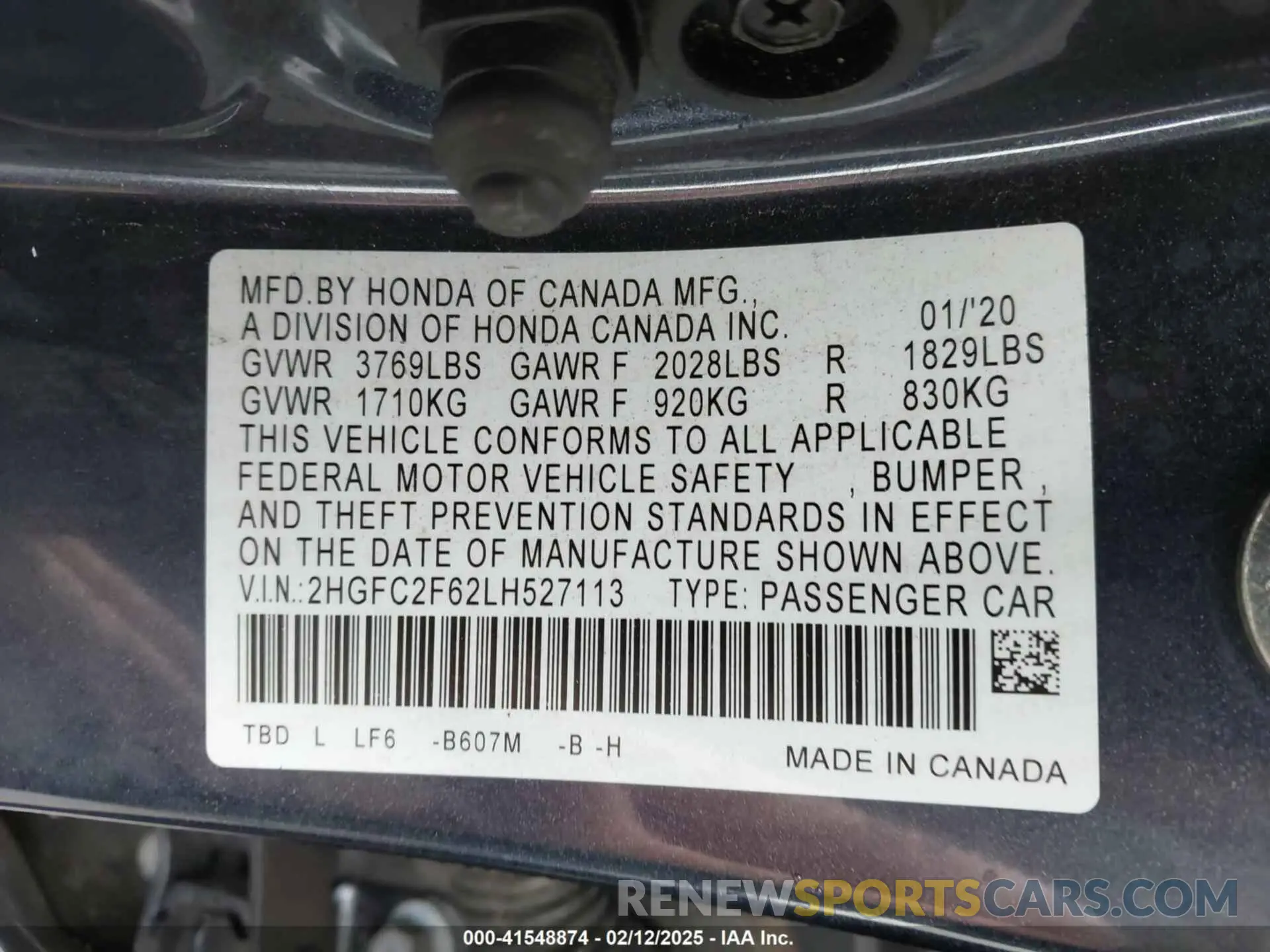 9 fotografías del automóvil dañado 2HGFC2F62LH527113 HONDA CIVIC 2020