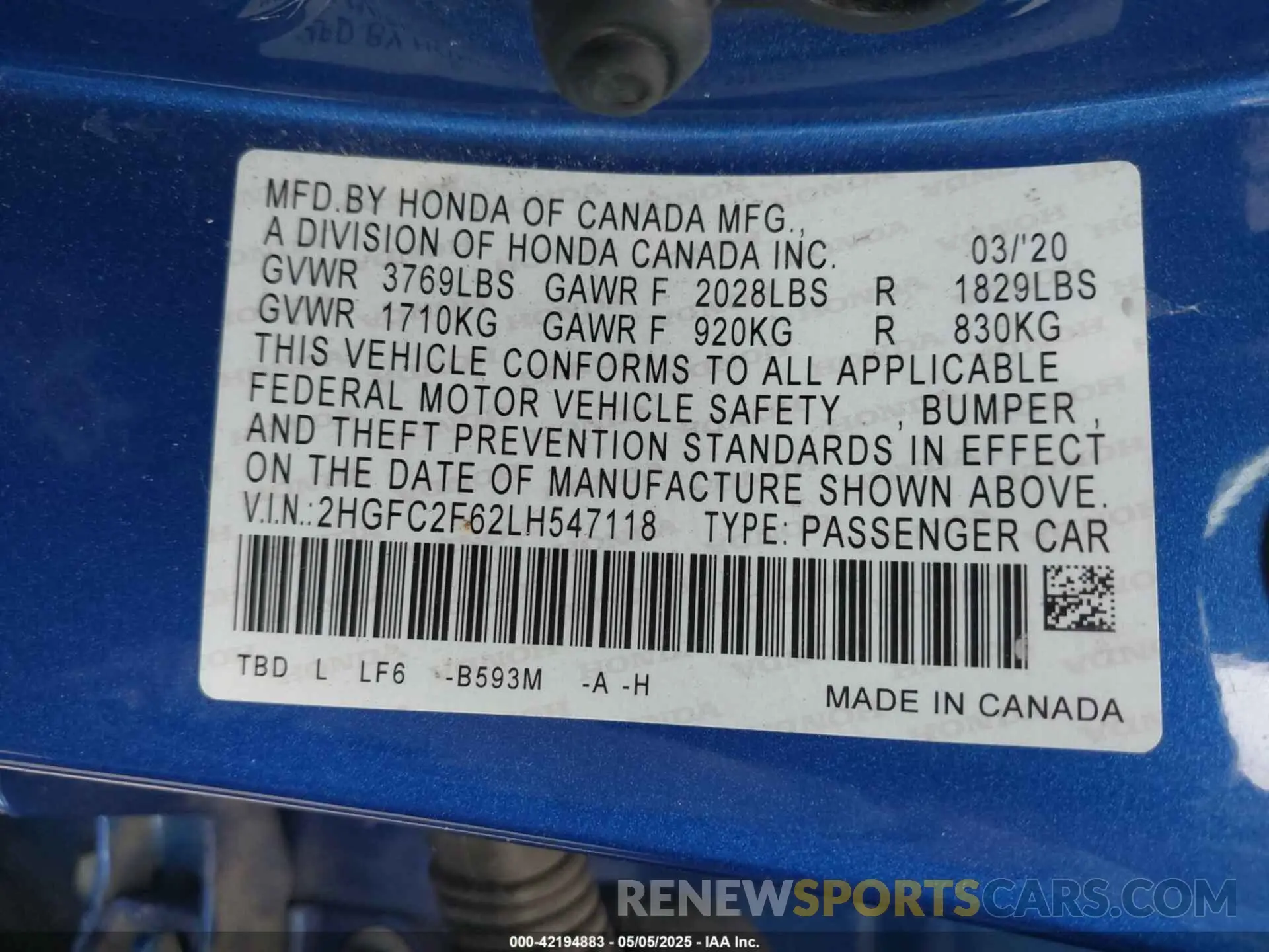 9 fotografías del automóvil dañado 2HGFC2F62LH547118 HONDA CIVIC 2020