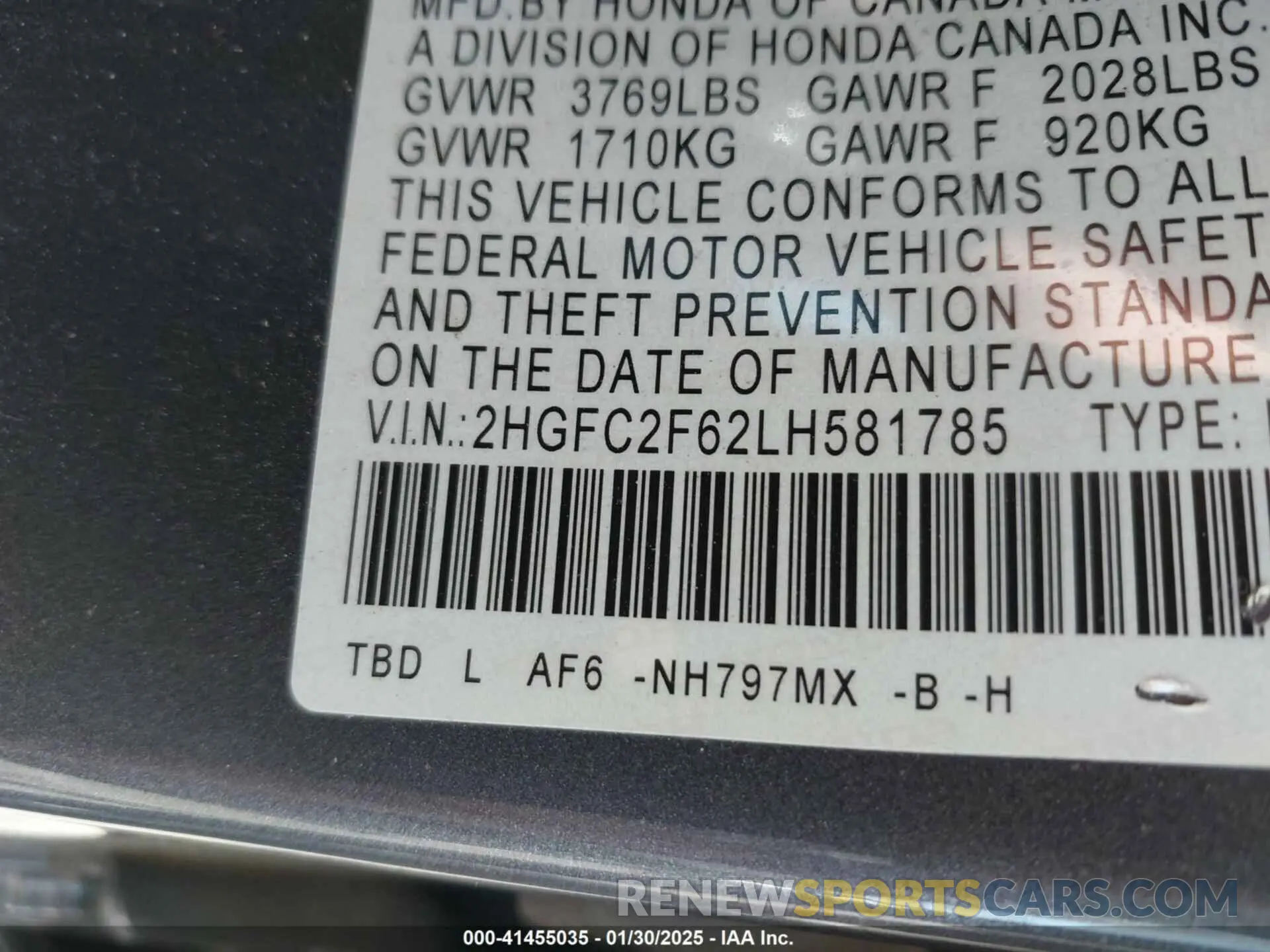 9 fotografías del automóvil dañado 2HGFC2F62LH581785 HONDA CIVIC 2020