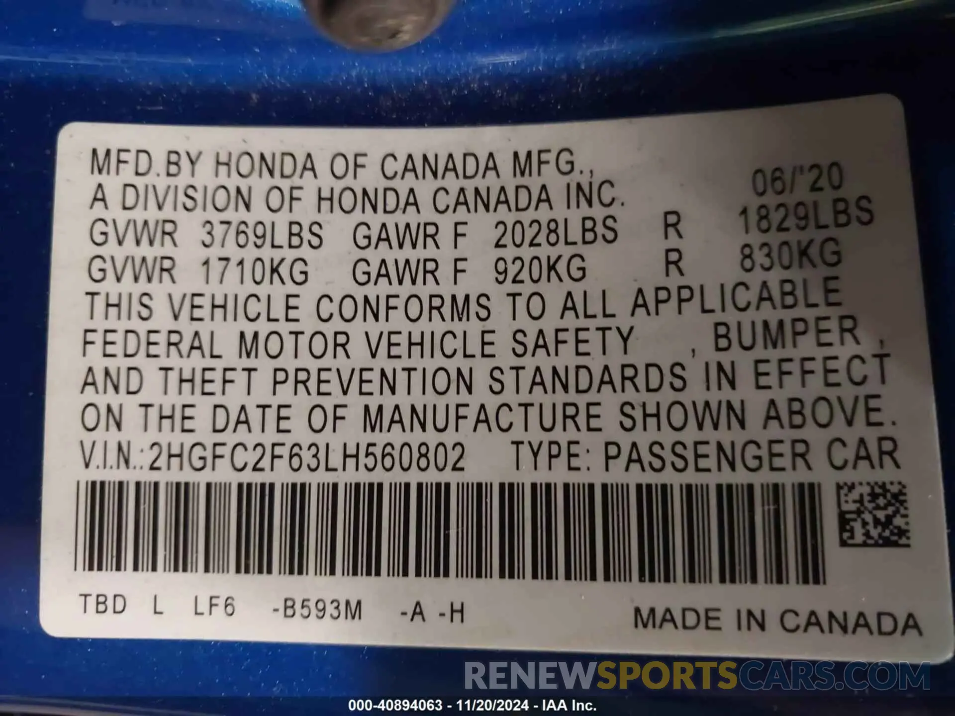 9 fotografías del automóvil dañado 2HGFC2F63LH560802 HONDA CIVIC 2020