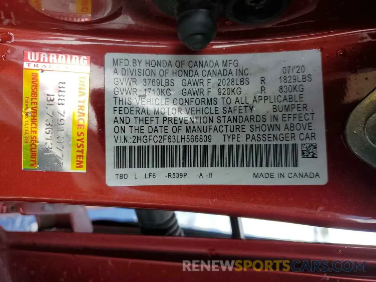 12 fotografías del automóvil dañado 2HGFC2F63LH566809 HONDA CIVIC 2020