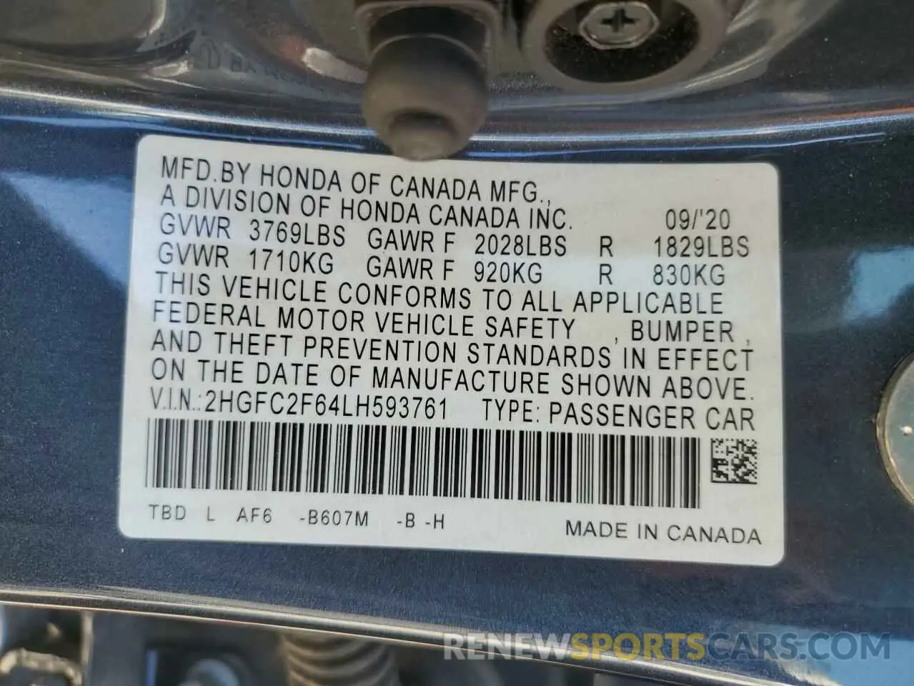 14 fotografías del automóvil dañado 2HGFC2F64LH593761 HONDA CIVIC 2020