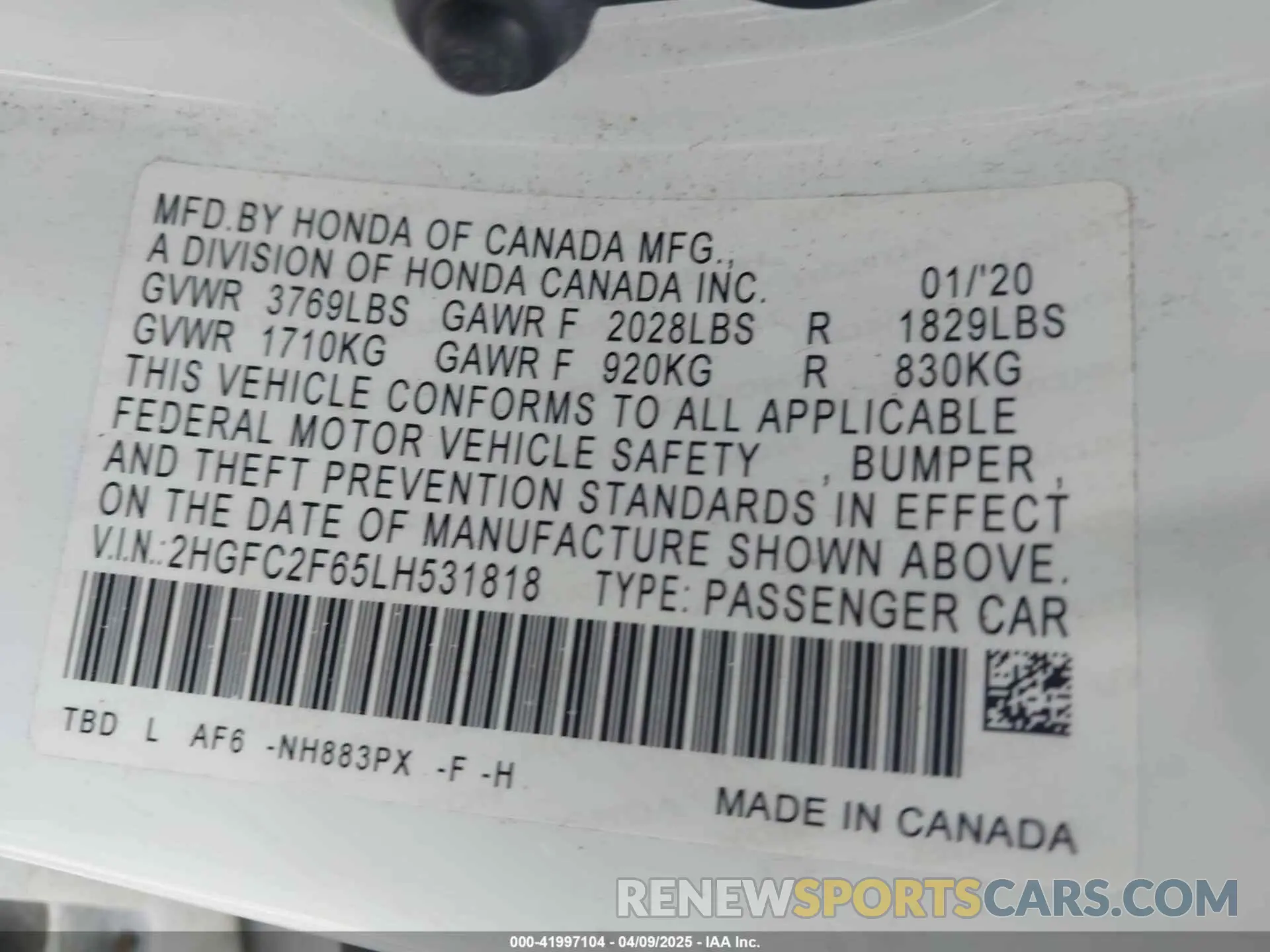 9 fotografías del automóvil dañado 2HGFC2F65LH531818 HONDA CIVIC 2020