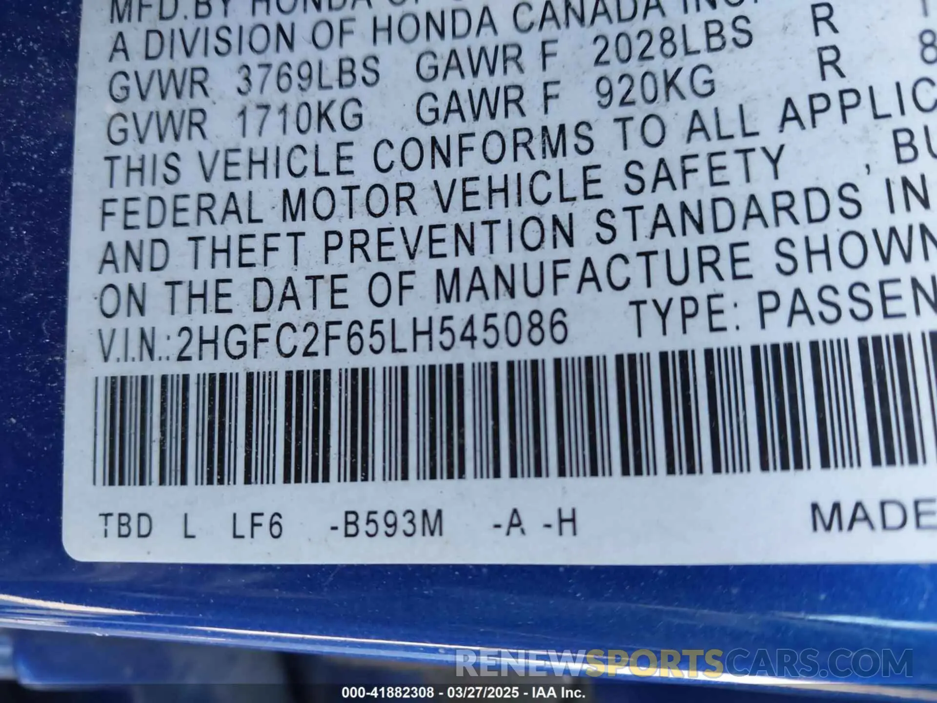 9 fotografías del automóvil dañado 2HGFC2F65LH545086 HONDA CIVIC 2020
