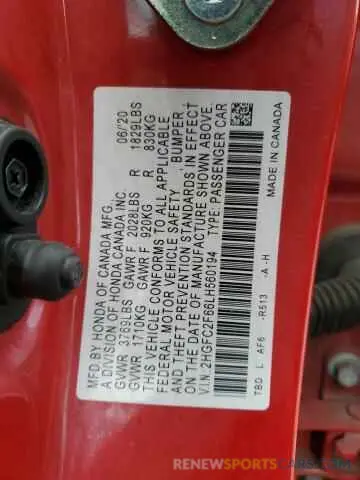 12 fotografías del automóvil dañado 2HGFC2F66LH560194 HONDA CIVIC 2020