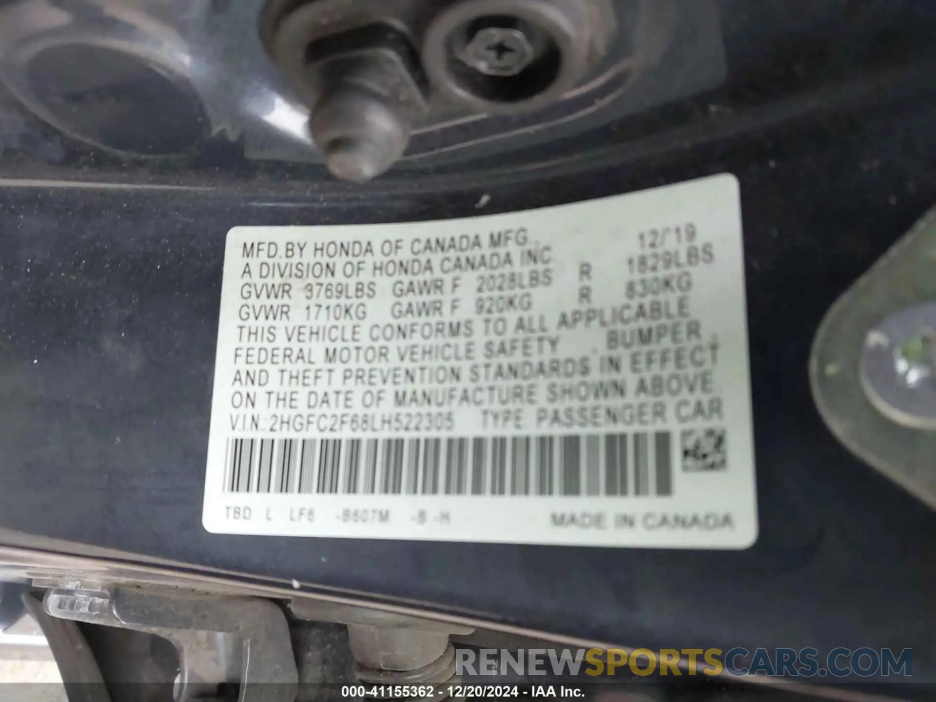 9 fotografías del automóvil dañado 2HGFC2F68LH522305 HONDA CIVIC 2020