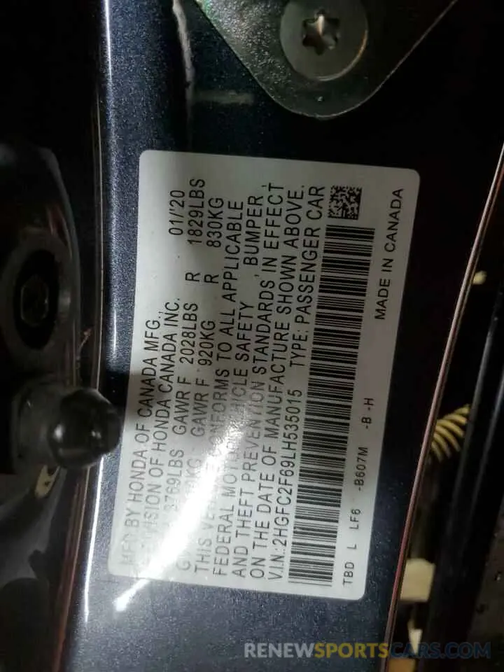 12 fotografías del automóvil dañado 2HGFC2F69LH535015 HONDA CIVIC 2020