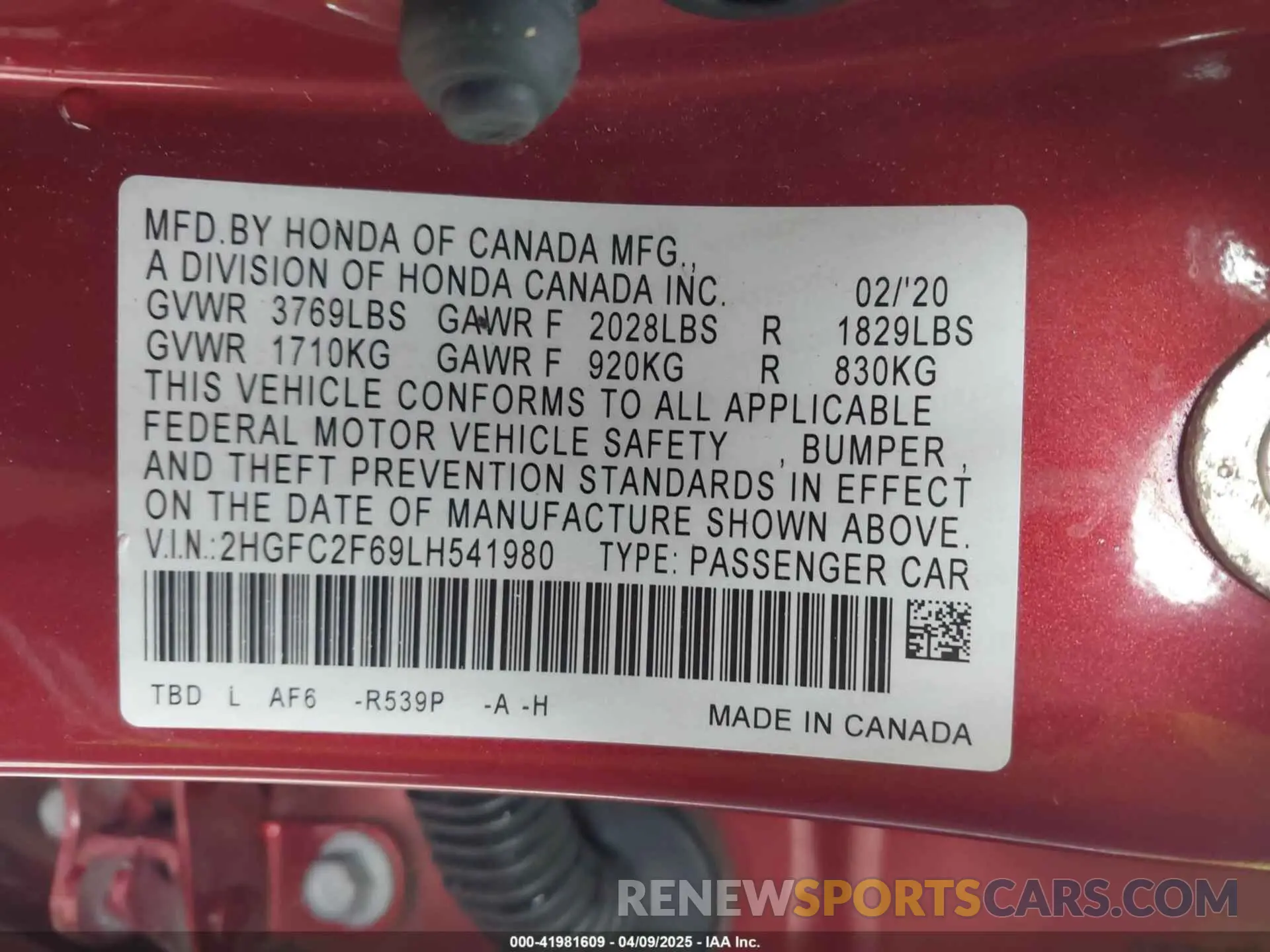 9 fotografías del automóvil dañado 2HGFC2F69LH541980 HONDA CIVIC 2020