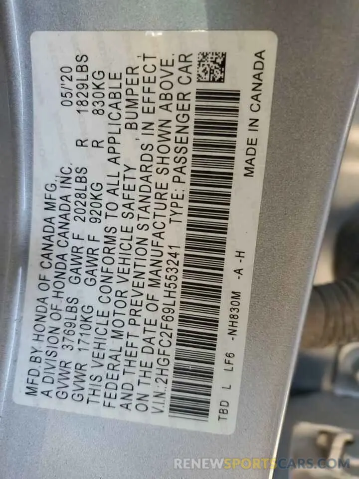 12 fotografías del automóvil dañado 2HGFC2F69LH553241 HONDA CIVIC 2020