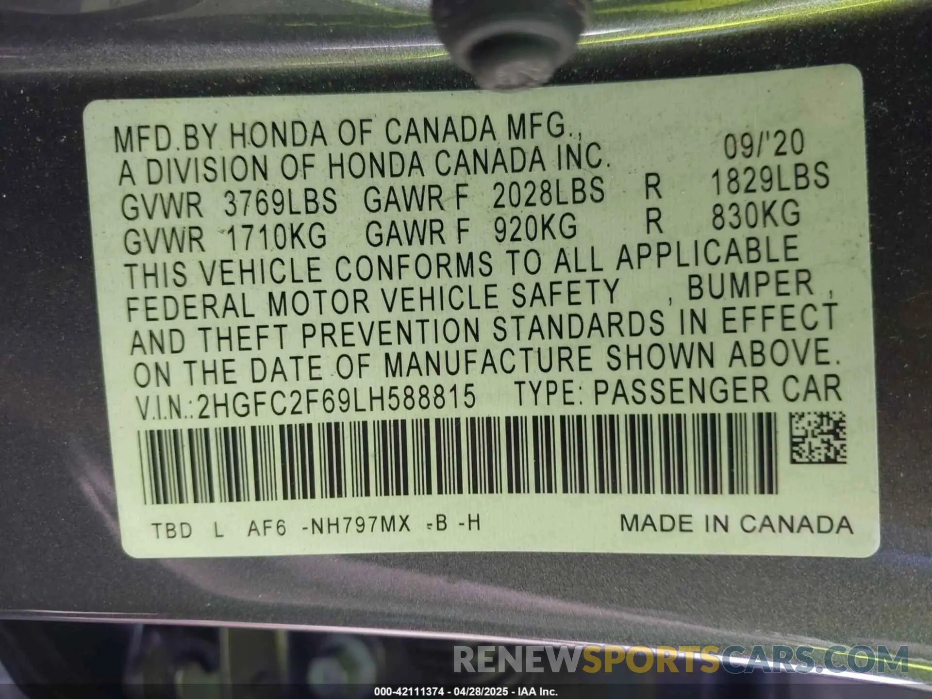 9 fotografías del automóvil dañado 2HGFC2F69LH588815 HONDA CIVIC 2020