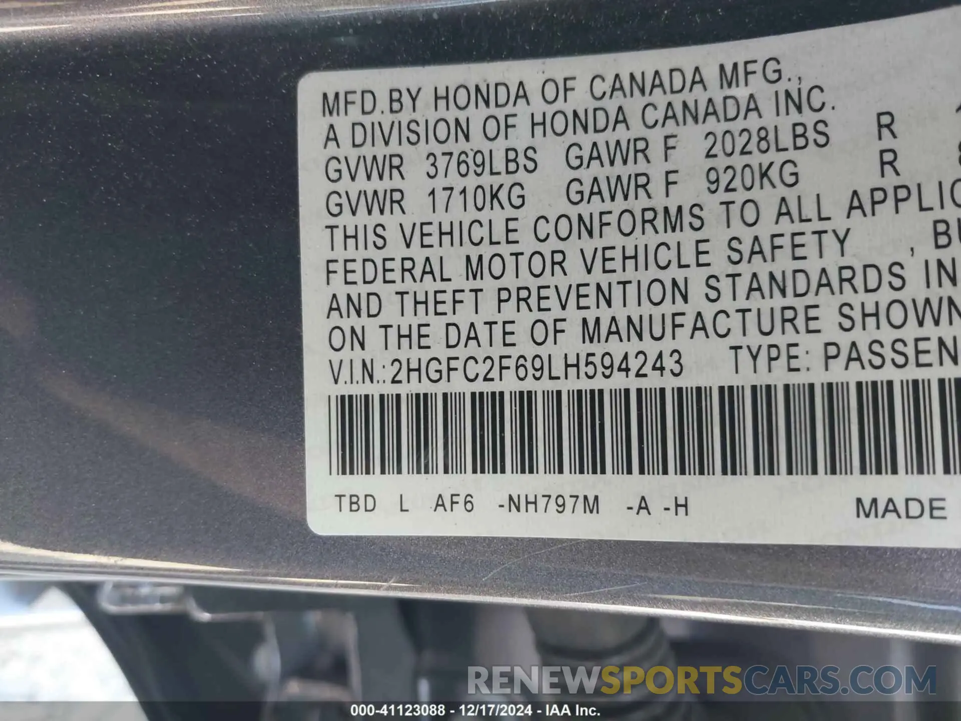 9 fotografías del automóvil dañado 2HGFC2F69LH594243 HONDA CIVIC 2020