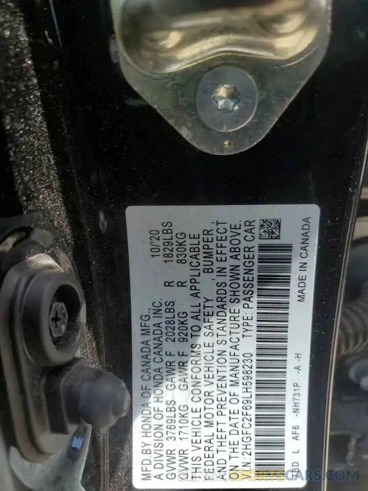 13 fotografías del automóvil dañado 2HGFC2F69LH598230 HONDA CIVIC 2020