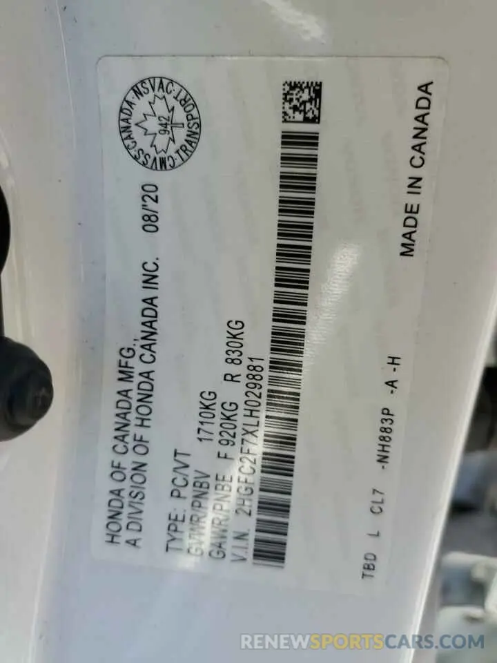13 fotografías del automóvil dañado 2HGFC2F7XLH029881 HONDA CIVIC 2020
