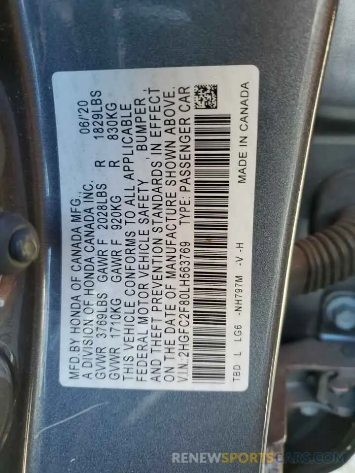 12 fotografías del automóvil dañado 2HGFC2F80LH563769 HONDA CIVIC 2020