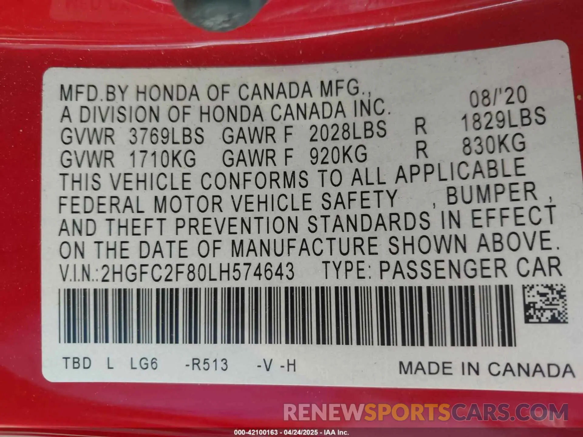 9 fotografías del automóvil dañado 2HGFC2F80LH574643 HONDA CIVIC 2020