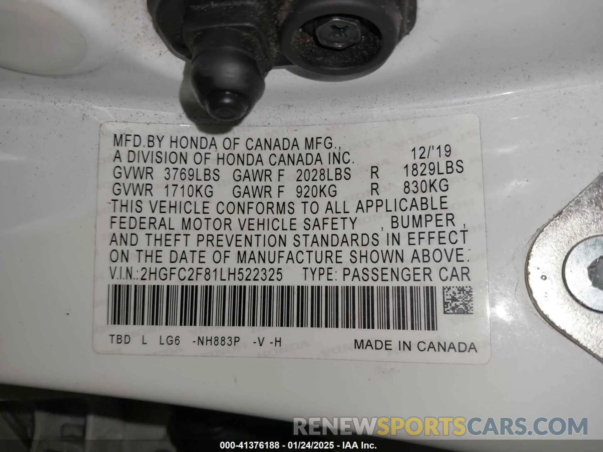 9 fotografías del automóvil dañado 2HGFC2F81LH522325 HONDA CIVIC 2020