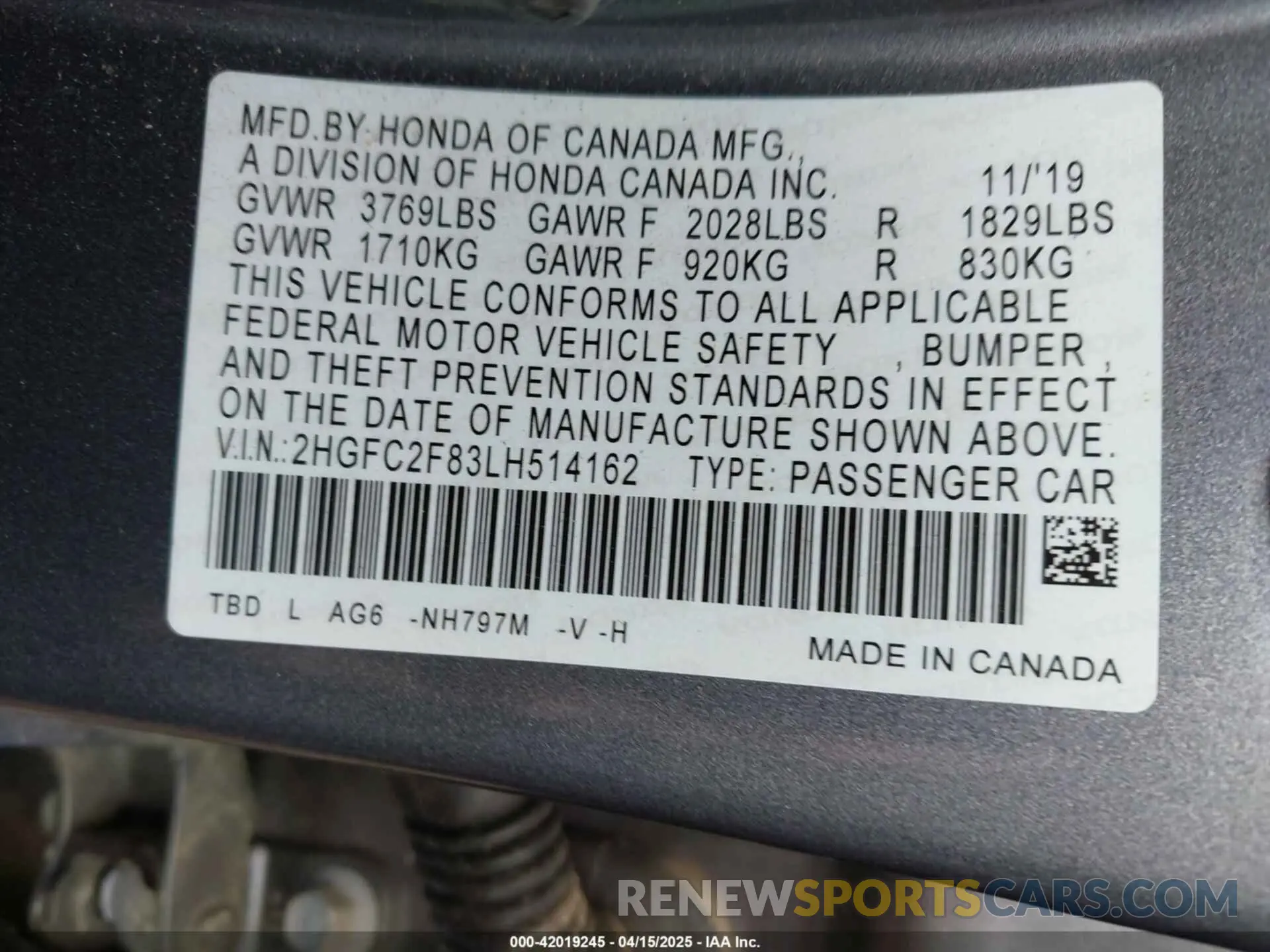 9 fotografías del automóvil dañado 2HGFC2F83LH514162 HONDA CIVIC 2020