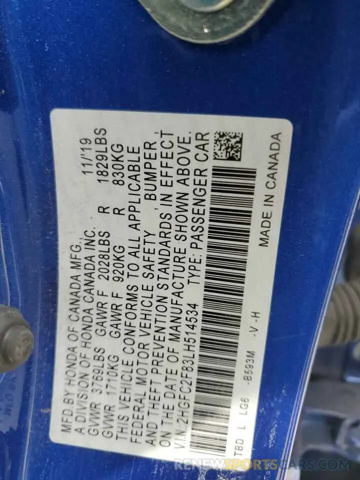 12 fotografías del automóvil dañado 2HGFC2F83LH514534 HONDA CIVIC 2020