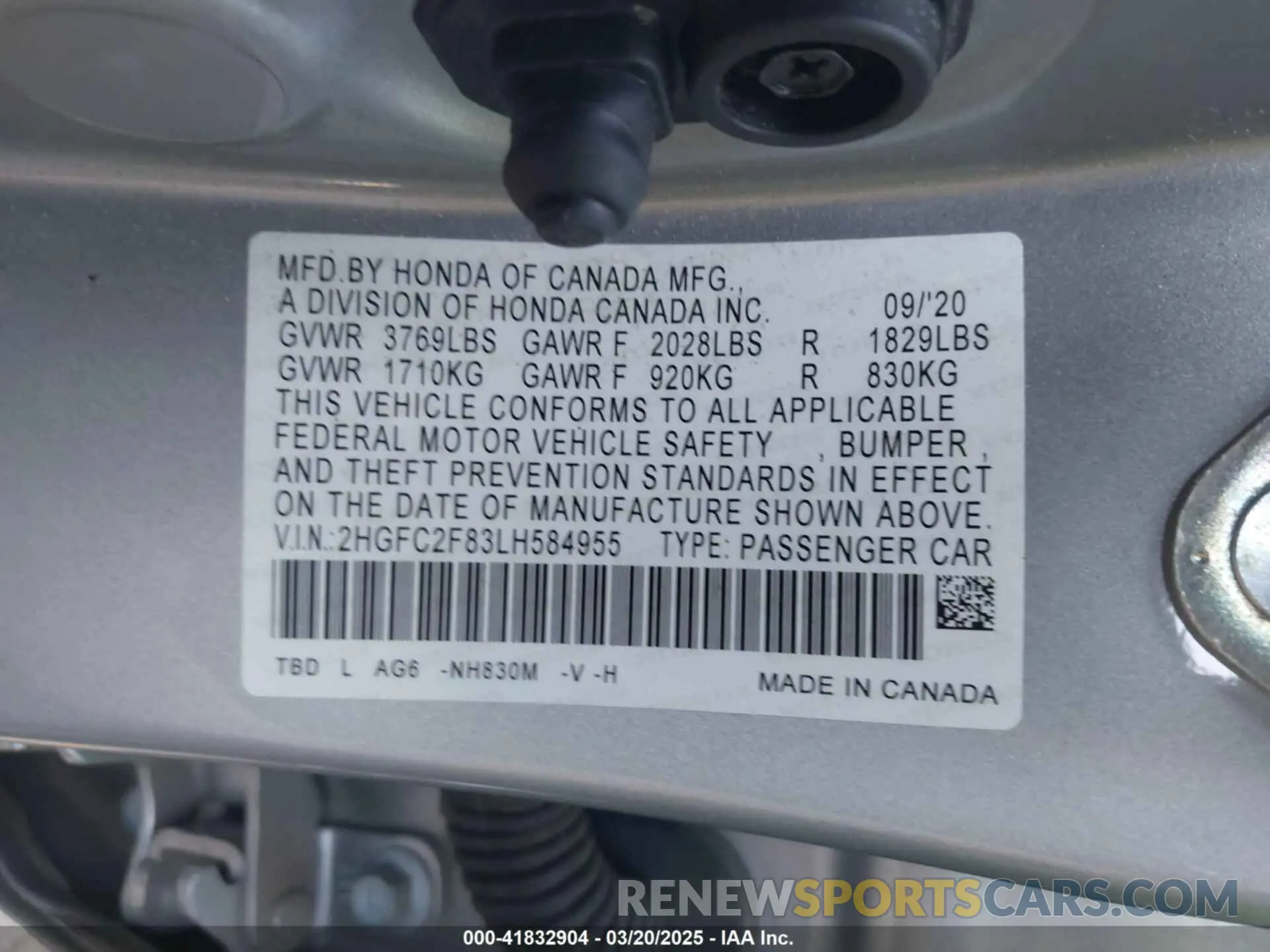 9 fotografías del automóvil dañado 2HGFC2F83LH584955 HONDA CIVIC 2020