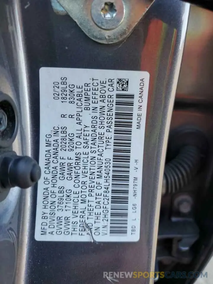 12 fotografías del automóvil dañado 2HGFC2F84LH540530 HONDA CIVIC 2020