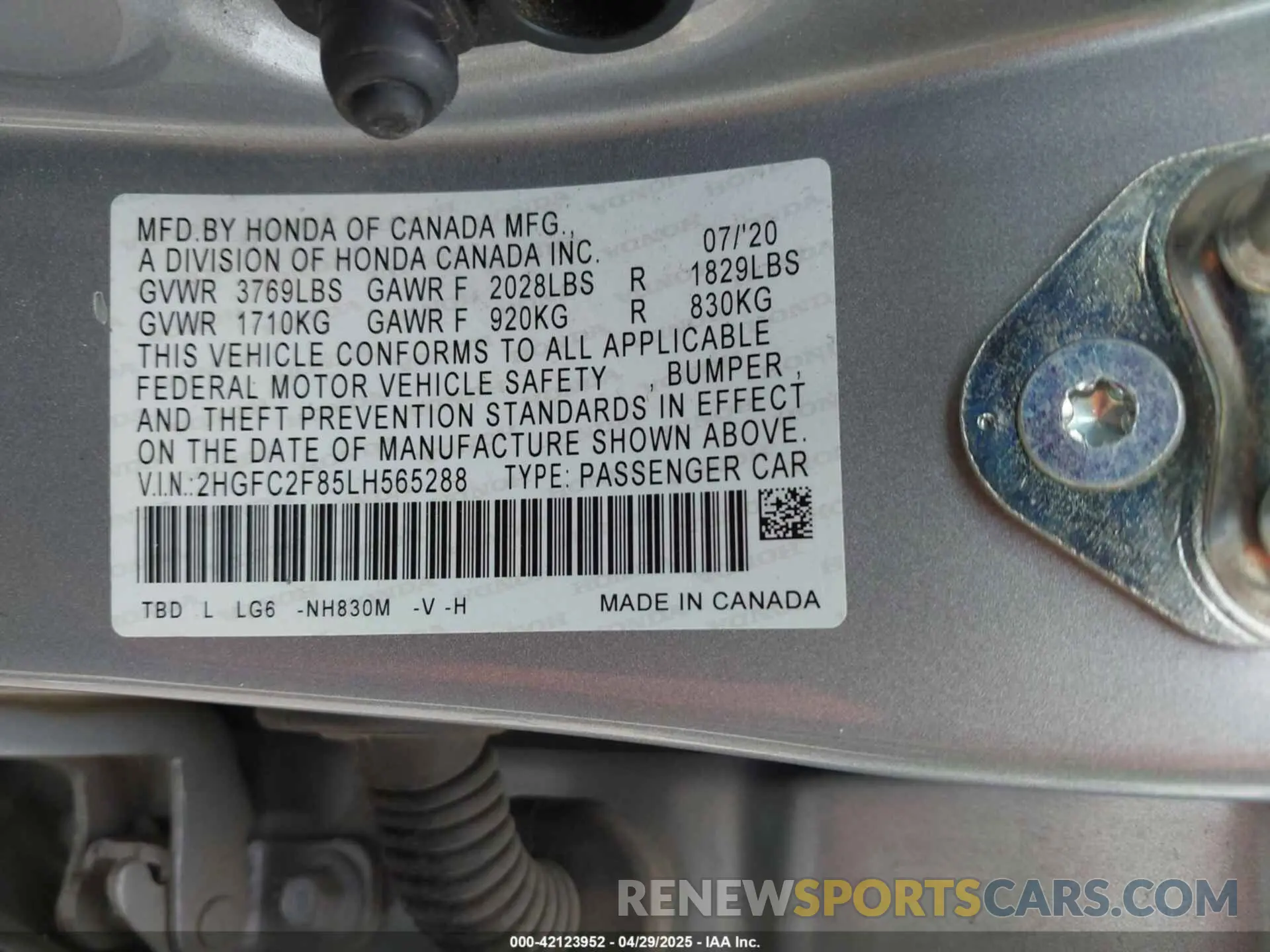 9 fotografías del automóvil dañado 2HGFC2F85LH565288 HONDA CIVIC 2020