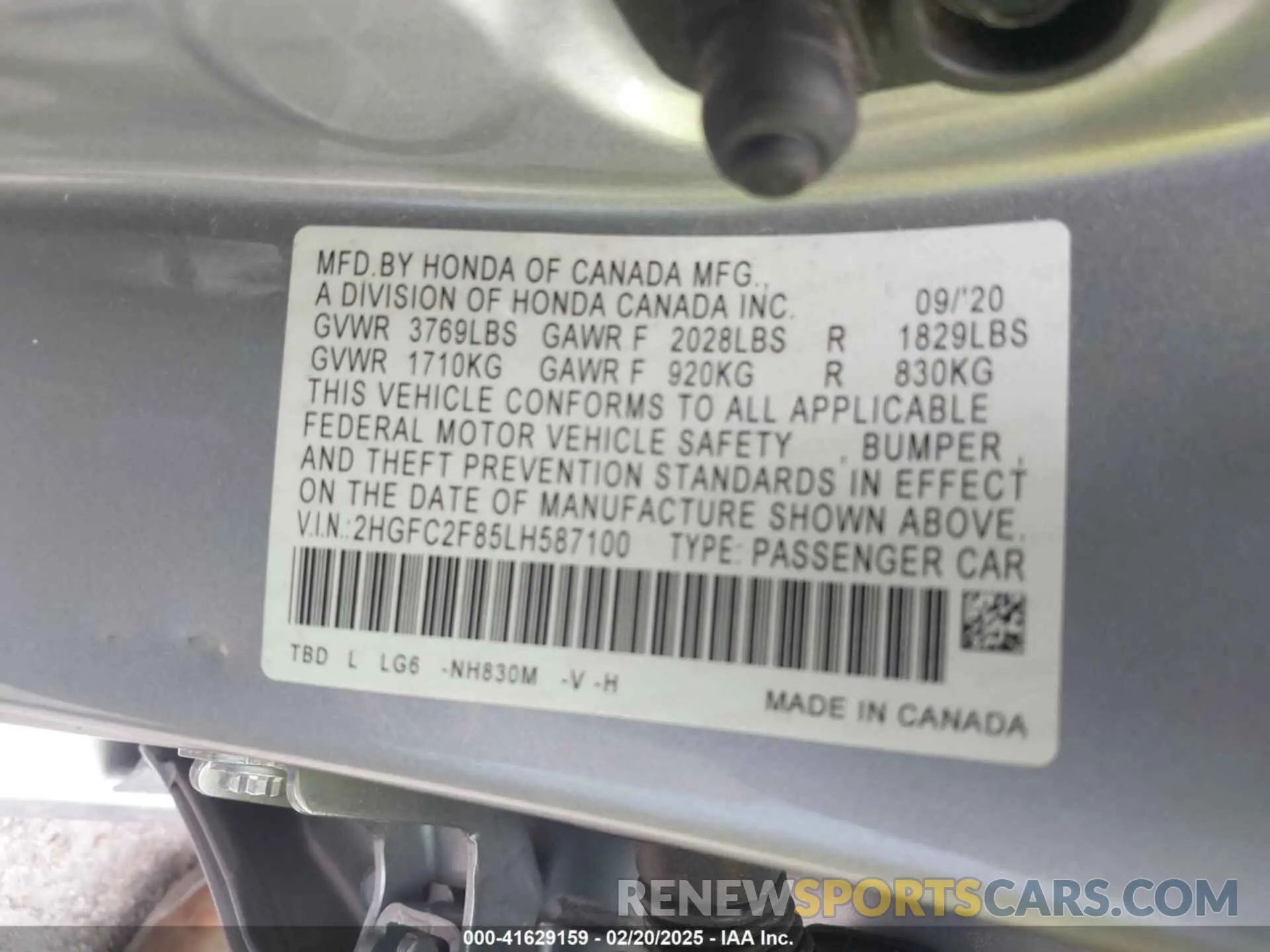 9 fotografías del automóvil dañado 2HGFC2F85LH587100 HONDA CIVIC 2020