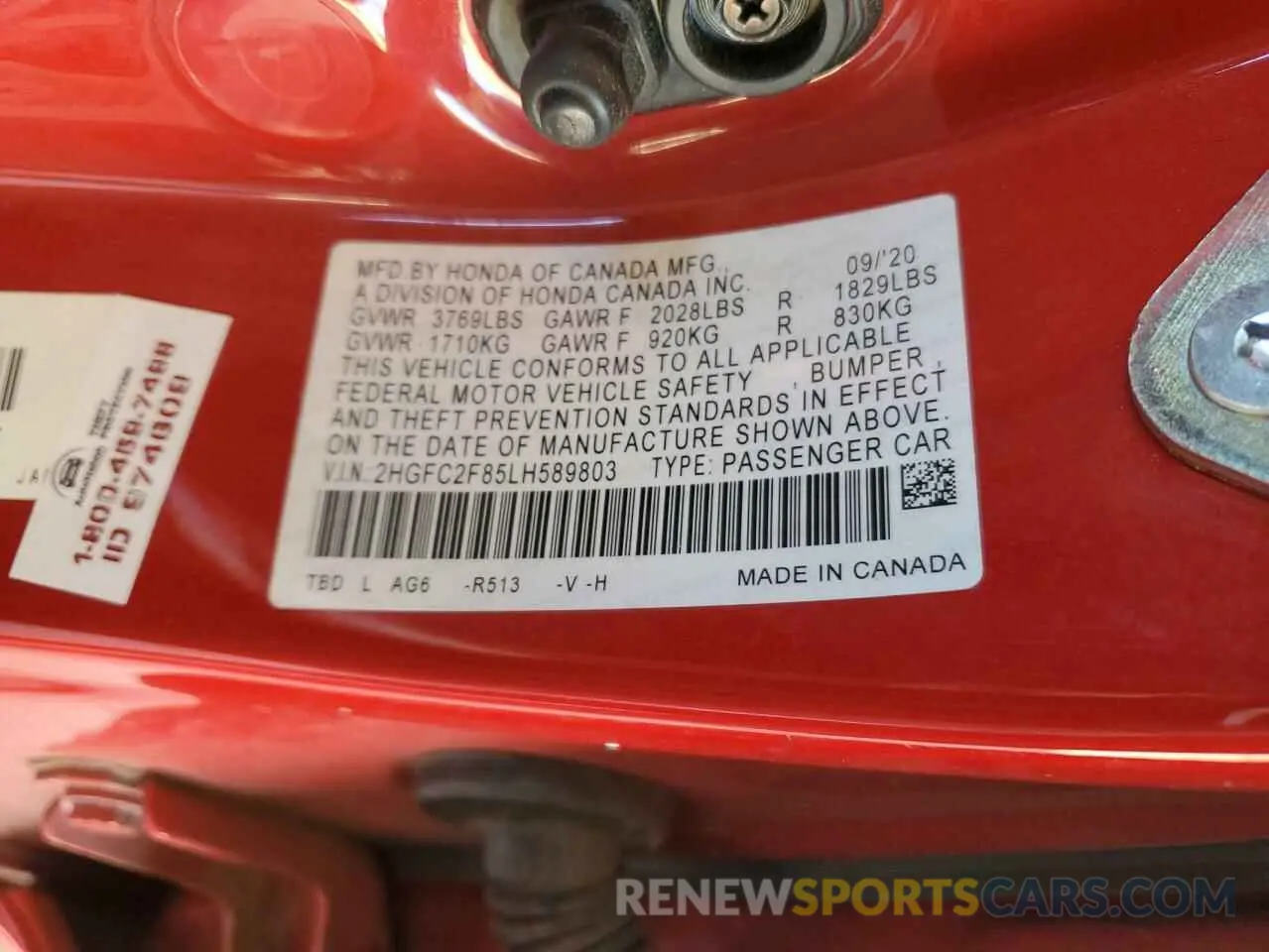 12 fotografías del automóvil dañado 2HGFC2F85LH589803 HONDA CIVIC 2020