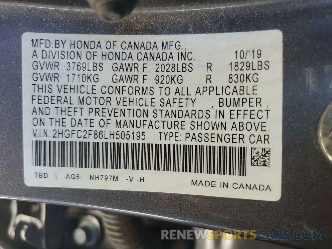 14 fotografías del automóvil dañado 2HGFC2F86LH505195 HONDA CIVIC 2020