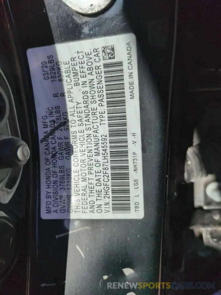 12 fotografías del automóvil dañado 2HGFC2F87LH545592 HONDA CIVIC 2020